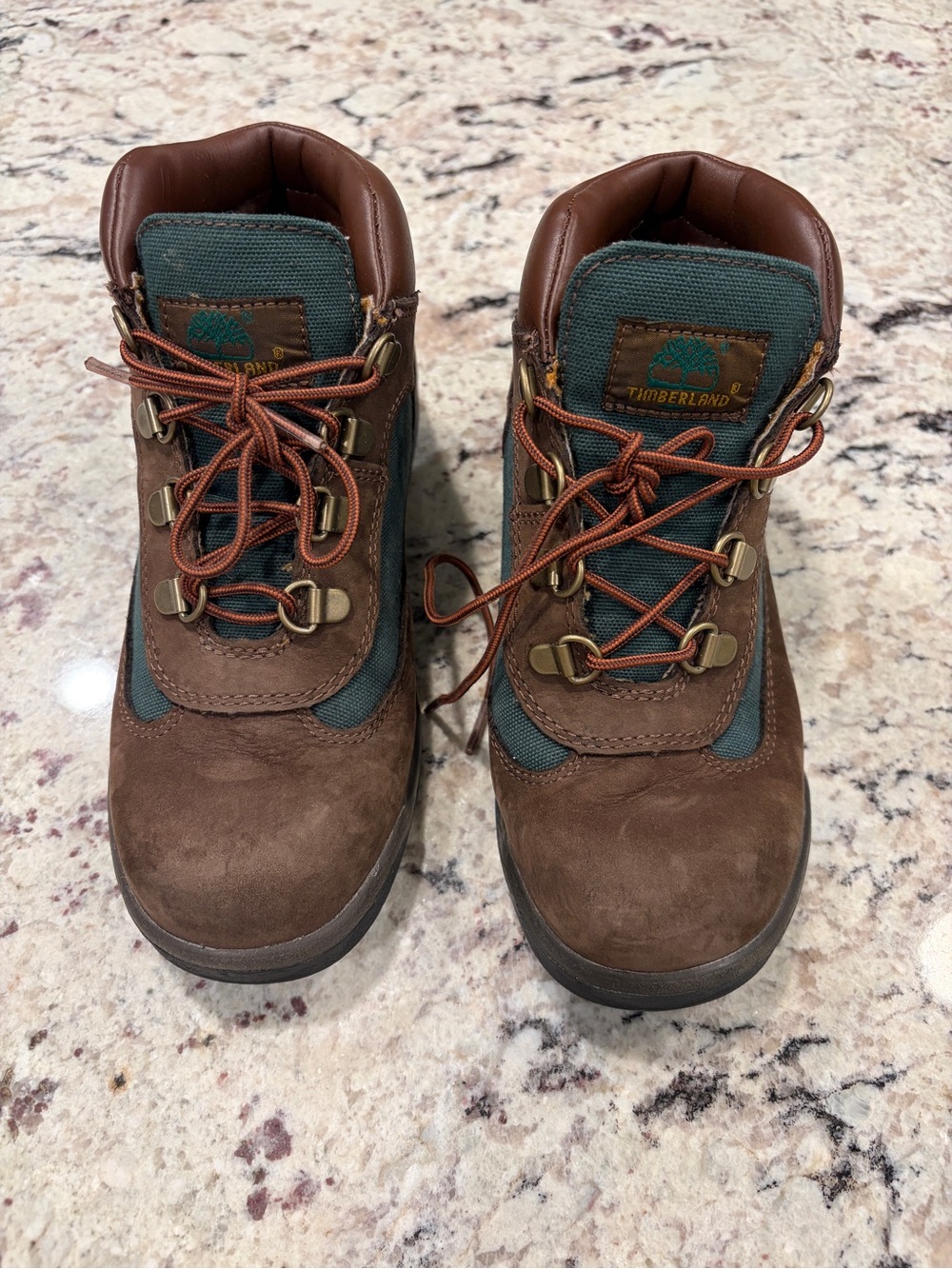Timberland Kids Brown Leather & Green Hiking Boots Boys Size 3